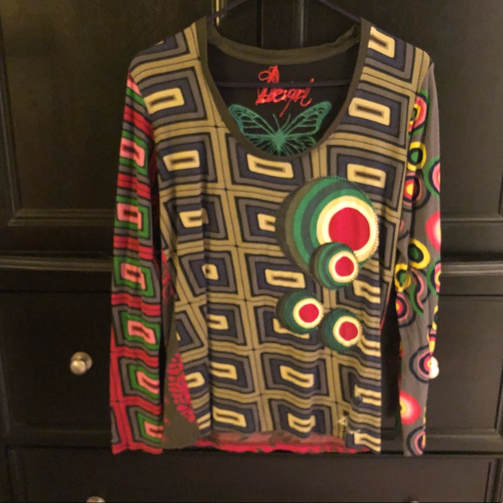 Desigual Long Sleeve Embroidered Top Sz L